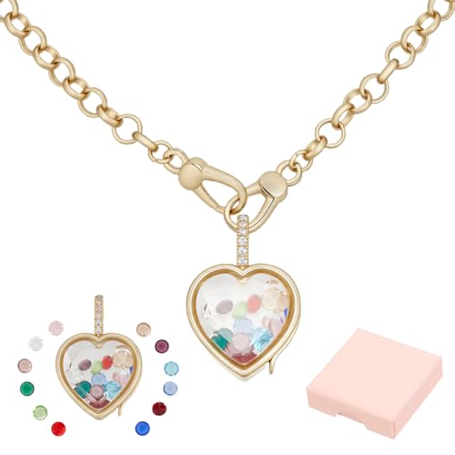 13Pcs Heart Floating Locket Pendant Necklaces Golden Locket Pendant Necklace Memory Metal Necklace with Colorful Glass Cabochons 18.11 inch Long for Women Friendship Memory Nostalgic - color: Heart Golden