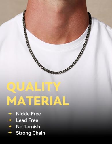 ChainsHouse Miami Cuban Link Chain Necklace for Men, Stainless Steel | 4.8/6/10/14mm Widths, Black/14K Gold Plated Finishes, Hip Hop Style, Daily Wear, Gift Box Included - color: Black