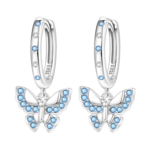 925 Sterling Silver Hoop Earrings Drop Dangle Earrings for Women Hypoallergenic Earring Trendy Huggie Earring Cute Graduation Birthday Gifts Jewelry for Women - color: Blue butterfly earrings