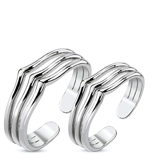 Pair Triple Lines Adjustable Rhodium Plated Brass Mid-Ring/Toe Ring