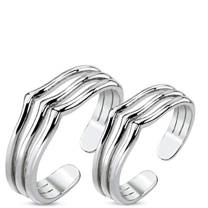 Pair Triple Lines Adjustable Rhodium Plated Brass Mid-Ring/Toe Ring