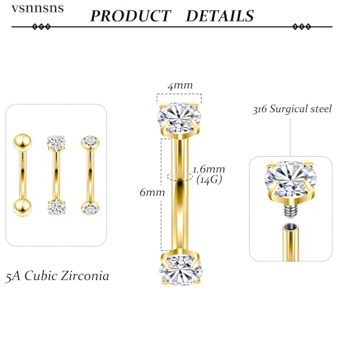 14G Small Belly Button Ring Piercing Jewelry 316L Stainless Surgical Steel Tiny Internally Threaded Navel Rings Belly Button Ring Piercing Jewelry for Women 14 Gauge Hypoallergenic - color: Gold-6MM Bar-Clear CZ