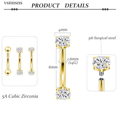 14G Small Belly Button Ring Piercing Jewelry 316L Stainless Surgical Steel Tiny Internally Threaded Navel Rings Belly Button Ring Piercing Jewelry for Women 14 Gauge Hypoallergenic - color: Gold-6MM Bar-Clear CZ