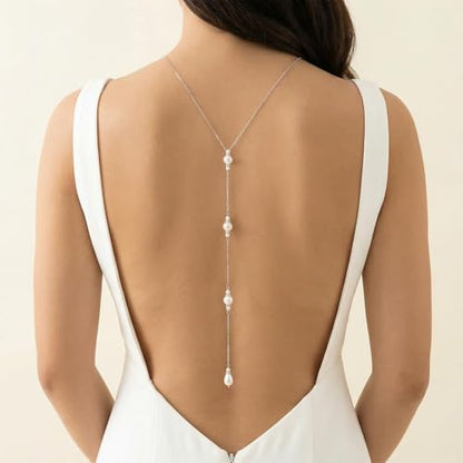 Back Necklace with Rhinestone Pearl Pendant Back Body Chain for Backless Dress Bridal Wedding Backdrop Necklace Crystal Simple Waist Body Jewelry for Women - color: B2