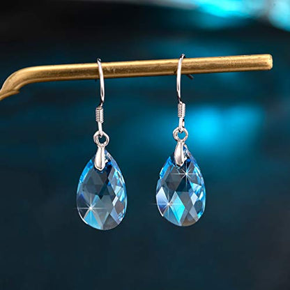 Austrian Crystal Teardrop Drop Earrings for Women, French Hook | 925 Sterling Silver Hook, Crystal Dangle Earrings, Sparkly Teardrop Stone, Lightweight Feel, Day-To-Evening Wear - color: Aquamarine