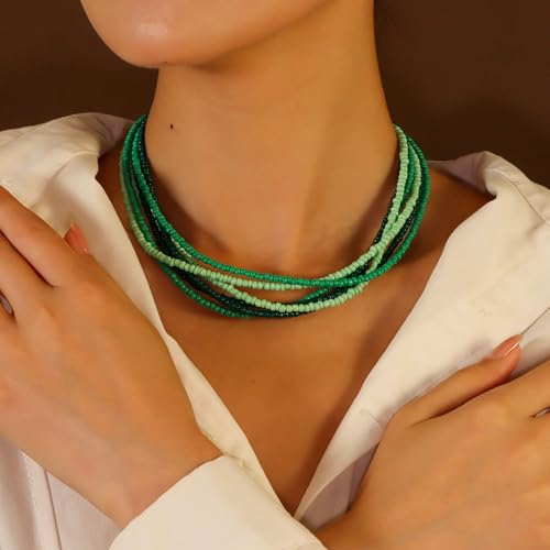 Handmade Colorful Multi-layered Multi Strand Seed Beaded Stackable Bohemian Braided Choker Necklaces for Women Summer Hawaiian Beach Holiday Boho Statement Jewelry - color: green