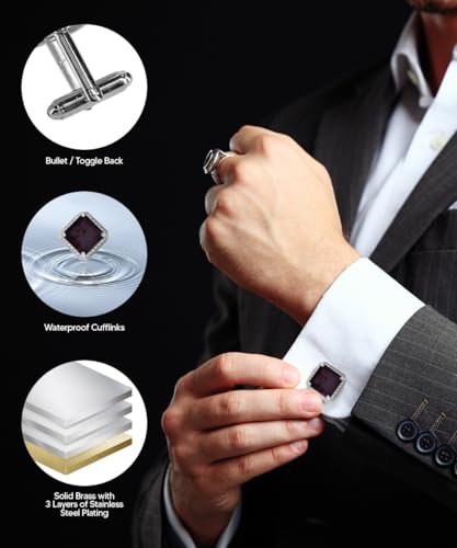Large Big Square Crystal Color Stone Cuff Links for Men – Tuxedo Suit Accessories, Cufflinks for Men - style: Purple/Silver