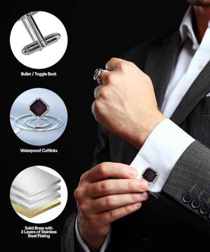 Large Big Square Crystal Color Stone Cuff Links for Men – Tuxedo Suit Accessories, Cufflinks for Men - style: Purple/Silver