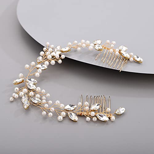 Chargances Bridal Pearl Crystal Hair Vine Comb Wedding Gold Long Headband Hair Comb Fashion Handmade Headpiece Bridal Hair Accessories for Wedding Prom Flower Girl (Gold) - color: Gold