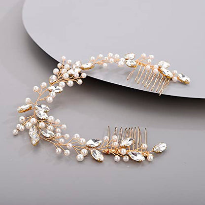Chargances Bridal Pearl Crystal Hair Vine Comb Wedding Gold Long Headband Hair Comb Fashion Handmade Headpiece Bridal Hair Accessories for Wedding Prom Flower Girl (Gold) - color: Gold