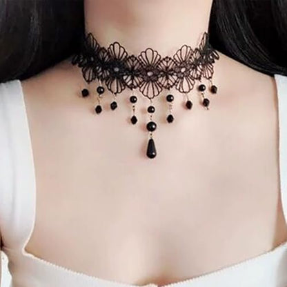 Wide Black Lace Choker Necklace Gothic Lace Pearl Tassel Necklace Short Hollow Flower Tattoo Necklaces Waterdrop Rhinestone Necklaces Halloween Wedding Party Jewelry - style: Style1