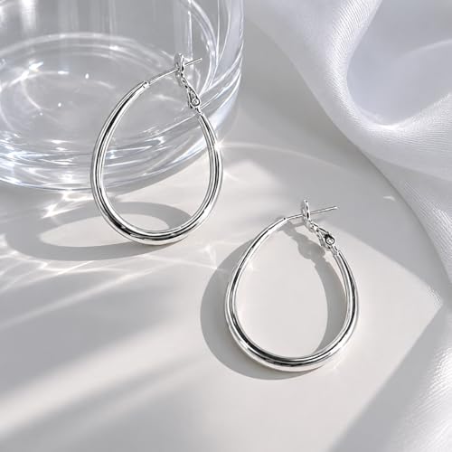 OGD Teardrop Hoop Earrings for Women 14K Gold Plated Large Chunky Oval Pull Through Hoop Earrings Statement Jewelry Gift for Women Hypoallergenic - color: Oval Earrings-Silver45mm