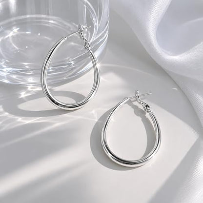 OGD Teardrop Hoop Earrings for Women 14K Gold Plated Large Chunky Oval Pull Through Hoop Earrings Statement Jewelry Gift for Women Hypoallergenic - color: Oval Earrings-Silver45mm
