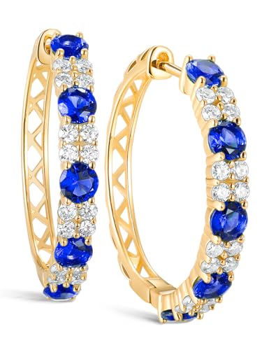 Women's Huggie Hoops with Birthstone 925 Sterling Silver Huggie Stud Hypoallergenic 14K Gold Plated Moissanite Earrings -Emerald Sapphire Ruby Hoop Earrings, Size 20 25mm - color: A -Sapphire Gold, size: 20mm (0.78 Inch)