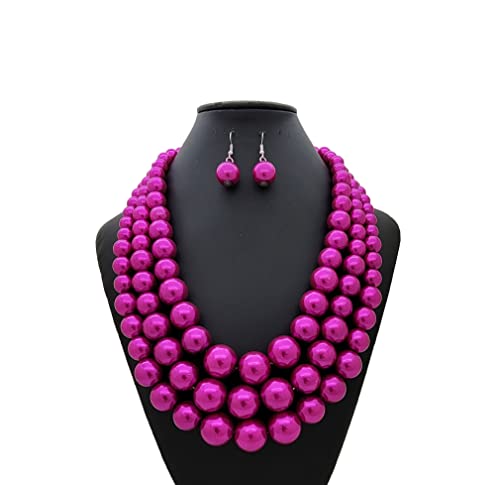 Simulated Pearl Necklace & Earring Set, Multi Strand - color: Fuchsia