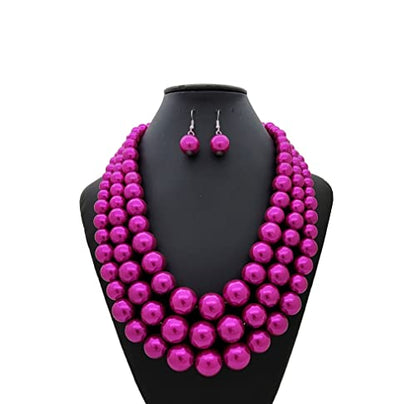 Simulated Pearl Necklace & Earring Set, Multi Strand - color: Fuchsia