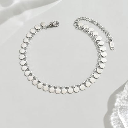 18K Gold Plated Ankle Bracelets for Women Dainty Star Coin Teardrop Square Tassel Anklets Cute Dangle Foot Chain Stainless Steel Beach Foot Jewelry - style: Coin Tassel-White Gold