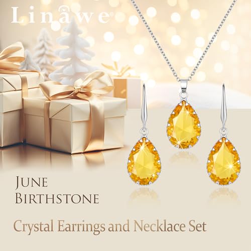 Linawe Crystal Jewelry Sets for Women, Imitation Diamond Pendant Necklace, Rhinestone Drop Dangle Earrings, Birthstone Cubic Zirconia Matching Wedding Jewelry, 14K Gold/Rose Gold/Silver Tones - color: Silver,Yellow,June