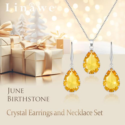 Linawe Crystal Jewelry Sets for Women, Imitation Diamond Pendant Necklace, Rhinestone Drop Dangle Earrings, Birthstone Cubic Zirconia Matching Wedding Jewelry, 14K Gold/Rose Gold/Silver Tones - color: Silver,Yellow,June