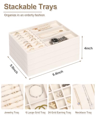 Jenseits 4 Jewelry Organizer Drawer Insert, Stackable Velvet Jewelry Tray Organizer Display Case Storage Containers, Earring Holder Necklace Watch Bracelet Accessary Ring Trays, Gift For Women (Beige)