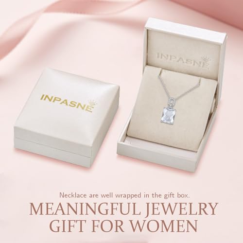 Emerald Cut Birthstone Necklace for Women 925 Sterling Silver | Baguette Birthstone Pendant Necklace, Jewelry for Mom Wife - color: White