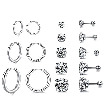 Surgical Stainless Steel Stud Earrings Hoop Earrings for Women Men 14K Gold Plated Hypoallergenic Cartilage Earrings Flat Back CZ Earrings Set Dainty Multiple Piercing Pack of 8 Pairs - color: Ball back (Silver)