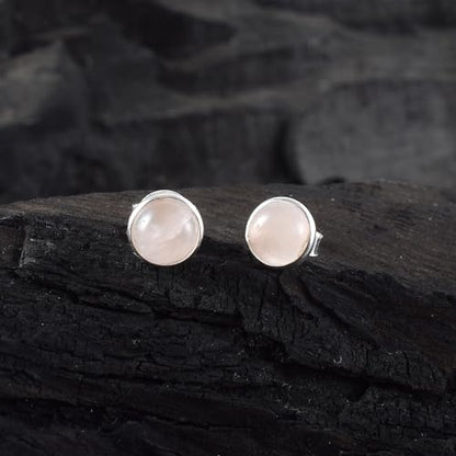 5 MM Natural Gemstone 925 Sterling Silver Hypoallergenic Studs Earrings Jewelry for Women Dainty Trendy Antiqued Silver Birthstone Earrings Jewelry Gifts for Women and Her - color: Rose Quartz