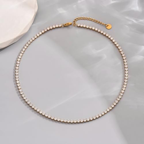 3mm Cubic Zirconia Tennis Necklace for Women, Dainty Adjustable 18K Gold Plated/Silver CZ Tennis Necklace, Hypoallergenic Iced Out Everyday Jewelry Gift for Her Wedding Party - color: 36cm Tennis Choker-Gold
