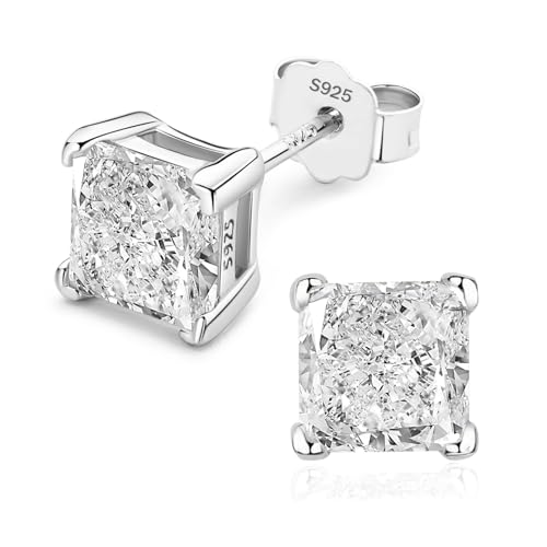 925 Sterling Silver 2-4 Carat Lab Simulation-Diamond Stud Earrings 5A Cubic Zirconia Stud Earrings Hypoallergenic White Gold Plated, Perfect Jewelry Gifts - style: Princess Cut 6MM