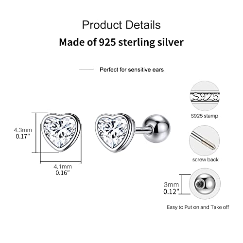 JSGEMSLEE Hypoallergenic 925 Sterling Silver Stud Earrings for Women With Screw Back Small Butterfly Heart Flower Earrings for Girls Tragus Cartilage Jewelry Gifts - color: Cubic Zirconia