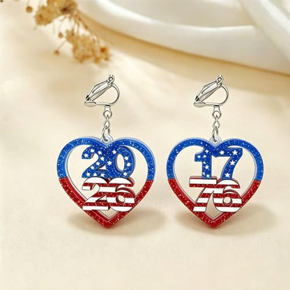 4th of July Independence Day Clip on Earring for Women American Flag Dangle Earrings Patriotic Red White Blue USA Earring, Pave Crystal Stud - color: red heart