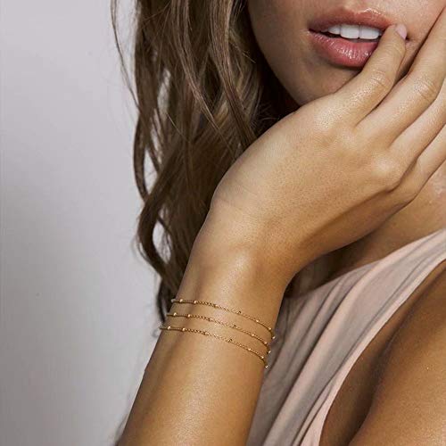 Dainty Gold Bracelets for Women, 14K Gold Plated Adjustable Layered Beads Bracelet Cute Evil Eye Oval Chain Pearl Bar Turtle Gold Bracelets for Women Jewelry - style: Beads Chain-Gold