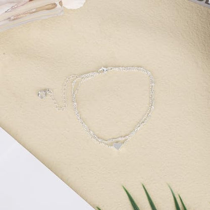 Mikovivi Silver Anklet for Women, Waterproof Adjustable Double Layer Anklet Shiny Statement Foot Jewelry with Heart-Shaped Pendant for Women Accessories
