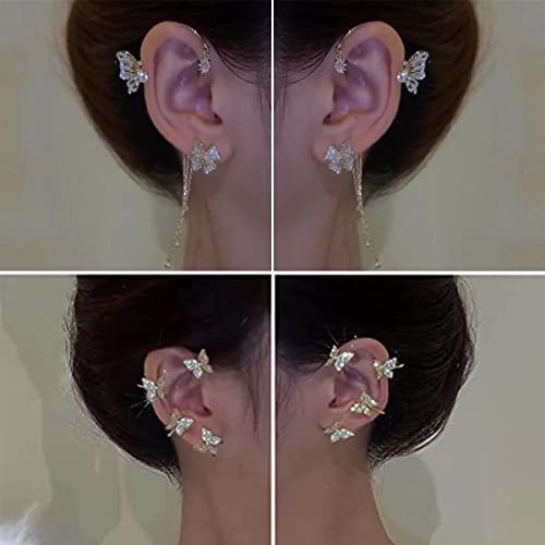2 Pairs Dainty Silver Butterfly Ear Cuffs & Wraps for Women Non Piercing Bling Butterfly Tassel Style Zircon Earrings Ear Clips Bridal Wedding Jewelry - color: Gold