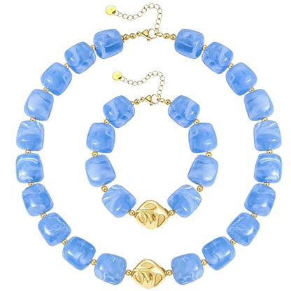 NEWITIN 2 Pieces Summer Beach Jewelry for Women Chunky Beaded Necklace Bracelet Trendy Big Resin Beaded Choker Boho Charm Statement Colorful Jewelry Set for Women - color: Blue