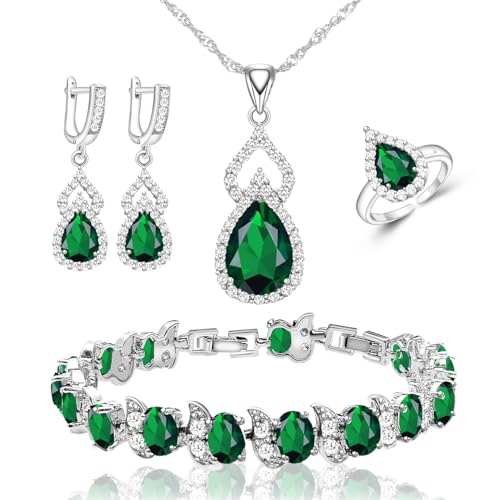 LMXXVJ Women Jewelry Set Platinum Plated Necklace Open Ring Earrings Bracelet Set,Birthday/Anniversary Mother’s Day Jewelry Gifts for Mom/Wife/Sister/Best Friend - color: Green