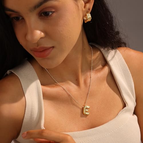 Ewrkbrㅤ Initial Necklaces for Women, 14k Gold Plated Bubble Letter Necklace Chunky Gold Necklace Dainty Charm Initial Necklaces for Women Trendy Custom Preppy Stocking Stuff Necklace Christmas Gifts - color: Gold, style: E