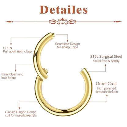 3Pcs Nose Rings Hoops for Women Men, 18G Nose Hoops Gold/Silver | Hinged Clicker Septum Rings Tragus Conch Helix Daith Lip Body Piercing Jewelry 6/8/10mm - color: 3pcs/gold/18g