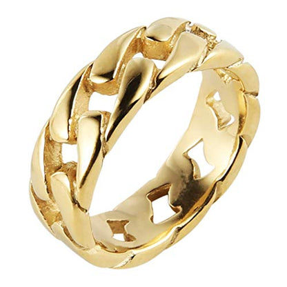 HZMAN Mens Stainless Steel 7mm Wide Band Cuban Link Chain Ring, Silver Gold Black - color: 7mm-Gold