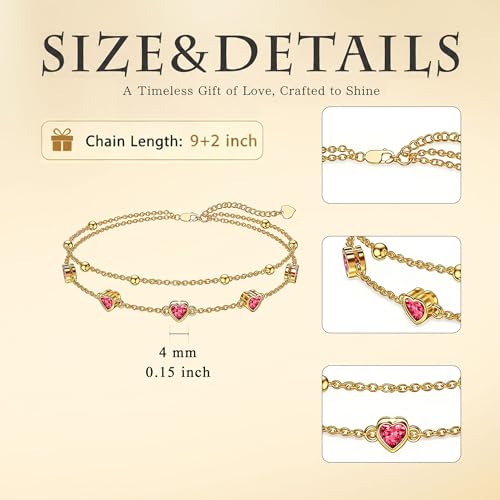 Midari 18K Yellow Gold Gemstone Birthstone Anklet Bracelet Heart Jewelry with 12 Months Birthstone Birthday Gifts for Women Wife Her Daughter Mom - color: 07-Jul-Ruby, size: Anklet 9"-11"