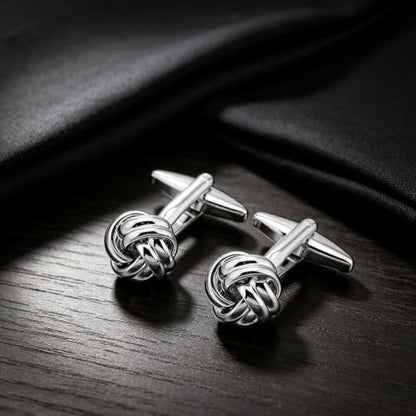 Knot Cufflinks in Gift Box Cuff Links for Men Lady Daily Wear Shirt | Men's Women Cufflink Set Jewelry for Wedding Party Prom Office Formal or Casual Business Tuxedo Dress, Easy to Put on - style: Silver Tone Knot