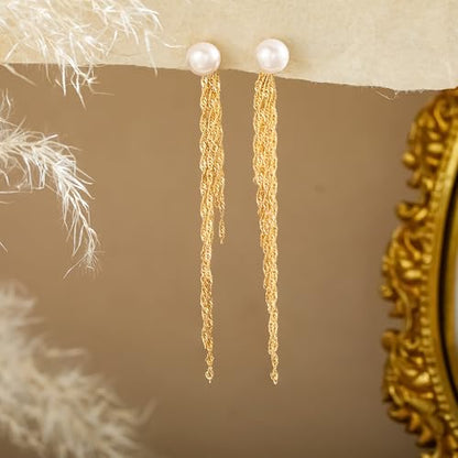 CHESKY Pearl Drop Earrings for Women, 14K Gold Plated Pearl Dangle Earrings | Dainty Pearl Earrings for Women,WaterProof Gold Brides Wedding Earrings,Bridesmaid Bridal Gift,Trendy Women Everyday Jewelry - style: chain