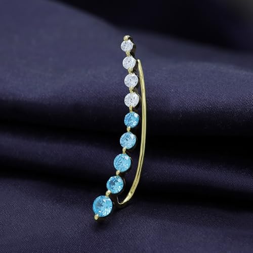 Floating Curved Bar One Piece Left Ear Crawler Earrings With Birthstone | White CZ In 14K Yellow Gold Over Sterling Silver - color: Simulated Aquamarine