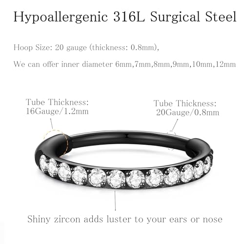 ORANGELOVE 20G 18G 16G Clear CZ Nose Ring Hoop 316L Surgical Steel Seamless Silver Septum Ring Clicker Jewelry Cartilage Earring Ear Piercing Hoop Earrings for Women Men Helix Rook Lobe Conch Tragus Daith Lip Hinged Piercing Jewelry with Cubic Zirconia -
