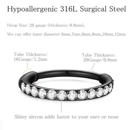 ORANGELOVE 20G 18G 16G Clear CZ Nose Ring Hoop 316L Surgical Steel Seamless Silver Septum Ring Clicker Jewelry Cartilage Earring Ear Piercing Hoop Earrings for Women Men Helix Rook Lobe Conch Tragus Daith Lip Hinged Piercing Jewelry with Cubic Zirconia -