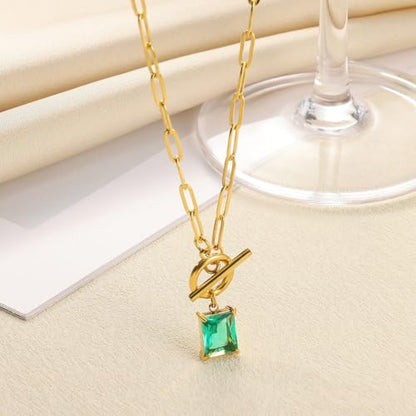 Diamond Necklaces for Women Natural Stone Paperclip Toggle Necklace 14K Gold Plated Emerald Birthstone Necklace for Women Paper Clip Chain Blue Green Cubic Zirconia Pendant Birthday Gifts for Women Mother Jewelry - color: 12. December(Artificial Tanzanite