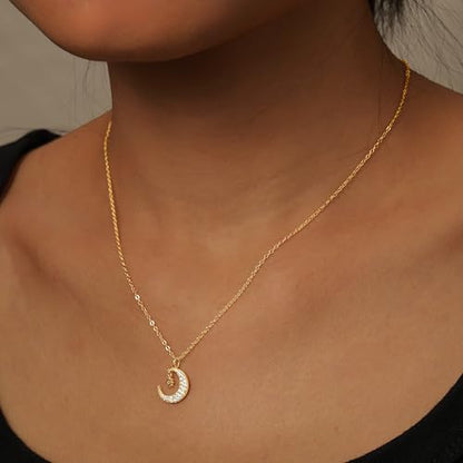 925 Sterling Silver Dainty Crescent Moon Necklace for Women | 14K Gold Plated White Cubic Zirconia Moon and Star Pendant Choker Necklace to Daughter Mother Trendy Wedding Jewelry Gifts - color: Gold