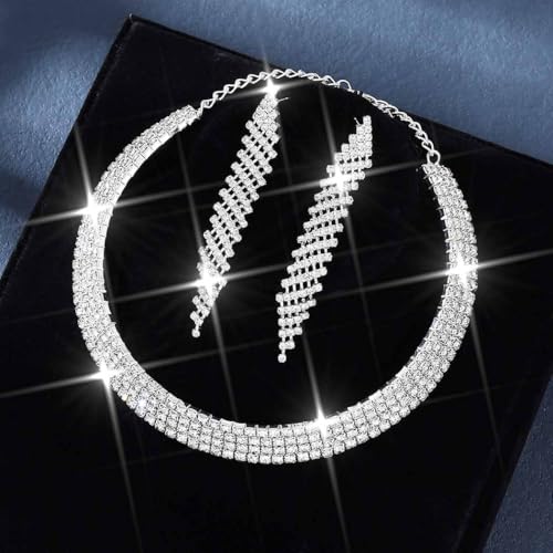 Rhinestone Bridal Wedding Jewelry Sets Silver Choker Necklace Earrings Set Prom Formal Costume Jewelry Set for Women and Brides - color: Silver