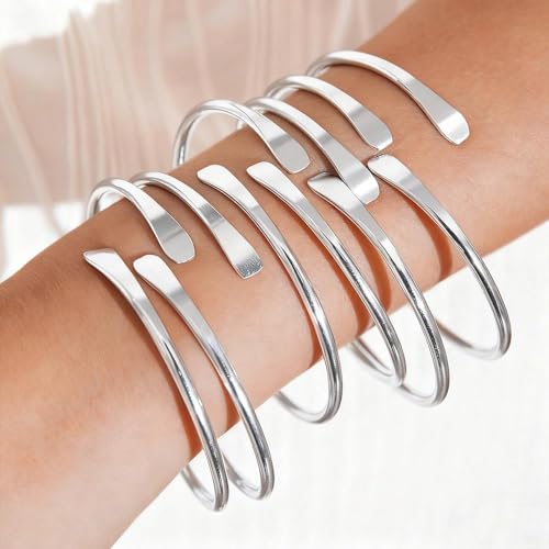 Layered Gold Sliver Plated Geometric Bracelets Set for Women,Open Adjustable Stacking Wrist Cuff Bracelets Punk Party Trendy Jewelry Accessories Gift - color: Silver