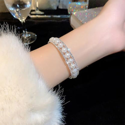 Pearl Stretch Cuff Bracelet for Women Adjustable Multilaye Rhinestone Crystal Bracelet Wedding Party Brides Bridesmaid Jewelry - color: Silver Style